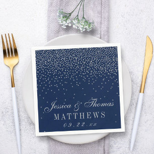 Navy Blue & Glam Silver Confetti Wedding Napkin