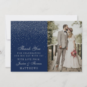 Navy Blue & Glam Silver Confetti Wedding Photo Thank You Card