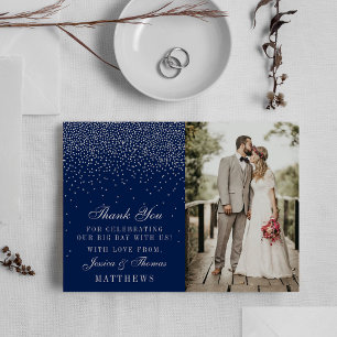 Navy Blue & Glam Silver Confetti Wedding Photo Thank You Card