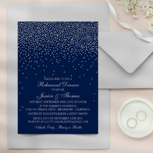 Navy Blue & Glam Silver Confetti Wedding Rehearsal Invitation