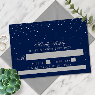 Navy Blue & Glam Silver Confetti Wedding RSVP Card