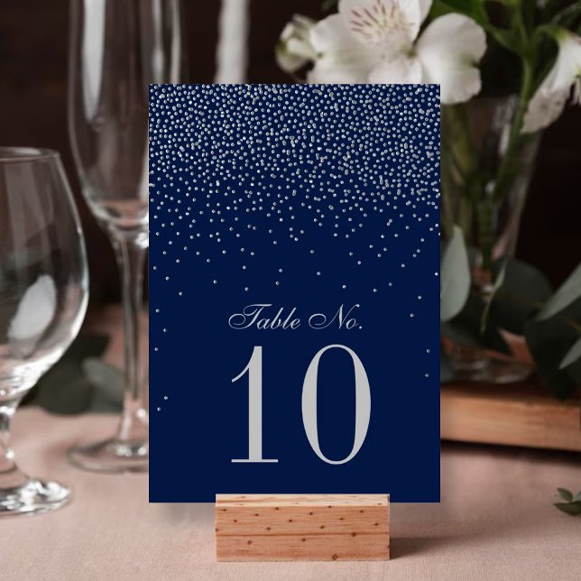 Navy Blue & Glam Silver Confetti Wedding Table Number (Creator Uploaded)