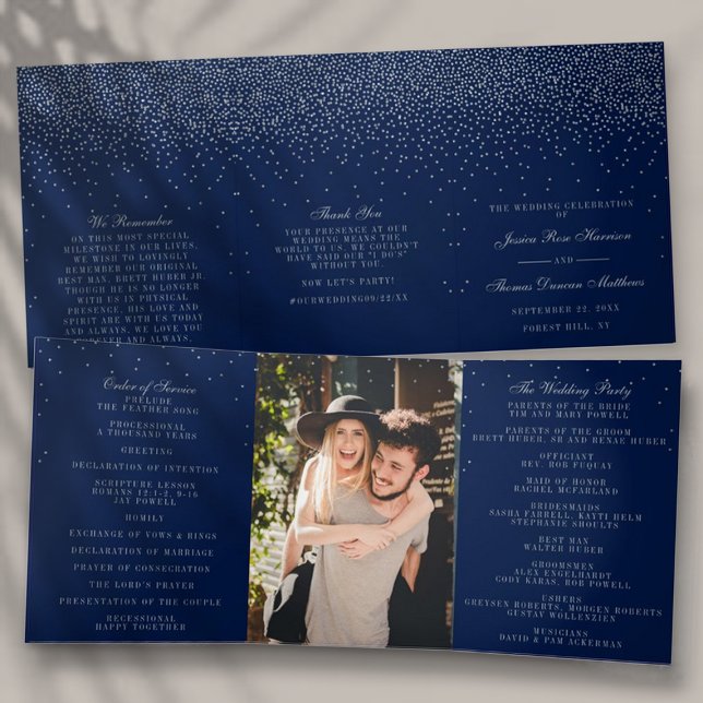 Navy Blue & Glam Silver Confetti Wedding Tri-Fold Programme (Creator Uploaded)