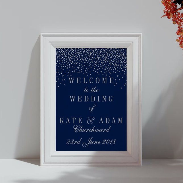 Navy Blue & Glam Silver Confetti Wedding Welcome Poster (Creator Uploaded)