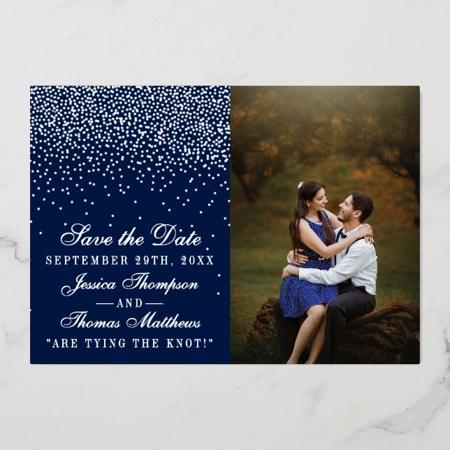 Navy Blue & Glam Silver Wedding Save The Date Real (Front)