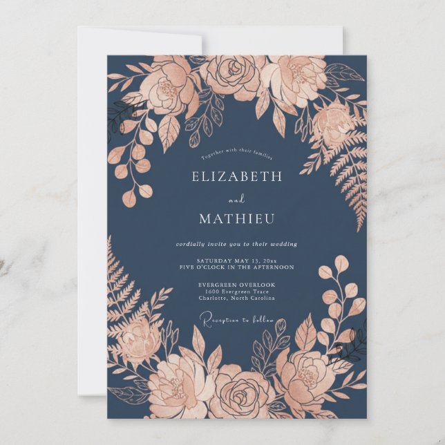 Navy Blue Glamourous Rose Evening Wedding Invitation (Front)