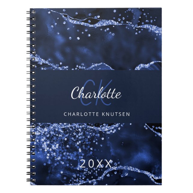 Navy blue glitter agate marble monogram notebook (Front)