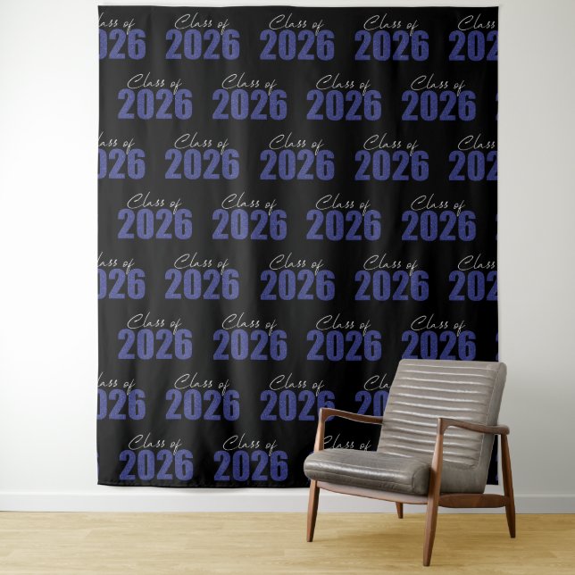 Navy Blue Glitter Class of 2026 Photo Backdrop Tapestry (In Situ)