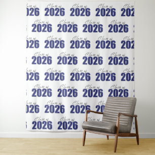 Navy Blue Glitter Class of 2026 Photo Backdrop Tapestry