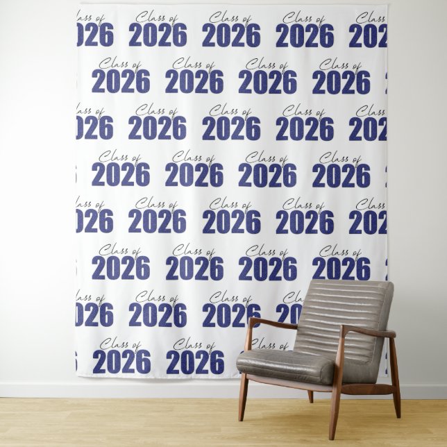 Navy Blue Glitter Class of 2026 Photo Backdrop Tapestry (In Situ)