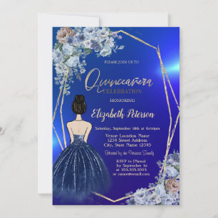 Navy Blue Glitter Dress,Chic Blue Flowers Invitation