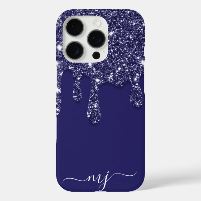 Navy Blue Glitter Drip Custom Monogram Case-Mate iPhone Case (Back)