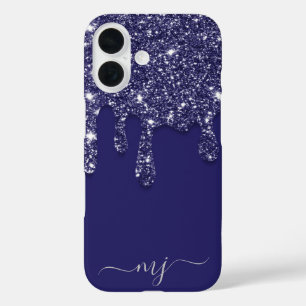 Navy Blue Glitter Drip Custom Monogram iPhone 16 Case