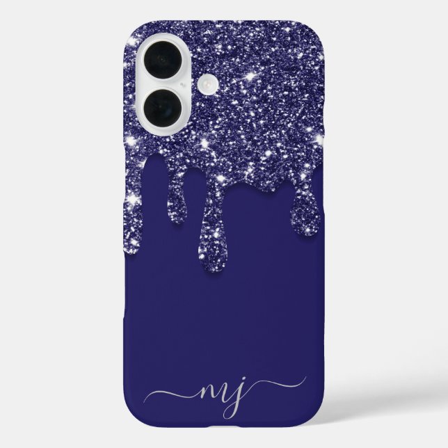 Navy Blue Glitter Drip Custom Monogram Case-Mate iPhone Case (Back)
