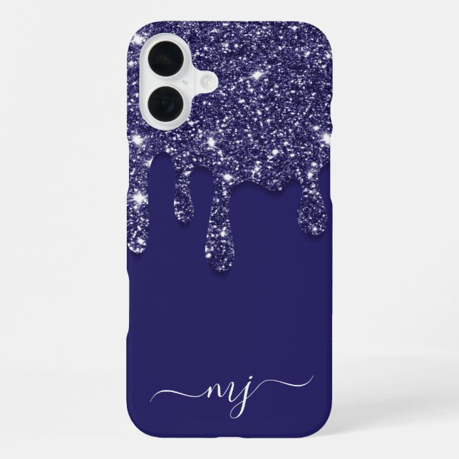 Navy Blue Glitter Drip Custom Monogram iPhone Case (Back)