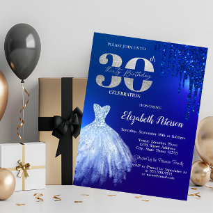 Navy Blue Glitter Drips,Dress Blue 30th Birthday Invitation