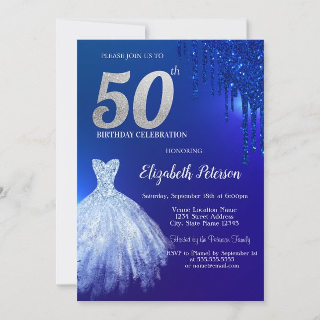 Navy Blue Glitter Drips,Dress Blue 50th Birthday Invitation (Front)