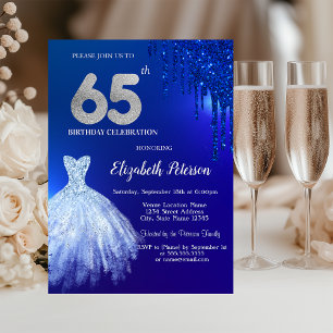 Navy Blue Glitter Drips,Dress Blue 65th Birthday Invitation