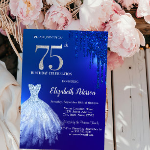 Navy Blue Glitter Drips,Dress Blue 75th Birthday Invitation