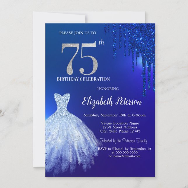 Navy Blue Glitter Drips,Dress Blue 75th Birthday Invitation (Front)