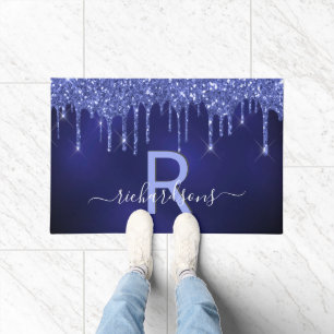 Navy blue glitter drips monogram doormat