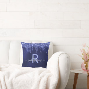 Navy blue glitter drips monogram name cushion