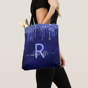 Navy blue glitter drips name monogram script tote bag