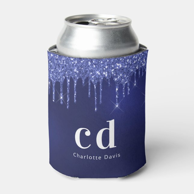 Navy blue glitter drips white monogram name can cooler (Can Front)