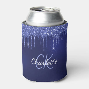 Navy blue glitter drips white name can cooler