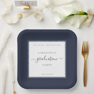 Navy Blue Glitter Frame Name Year Graduation Party Paper Plate