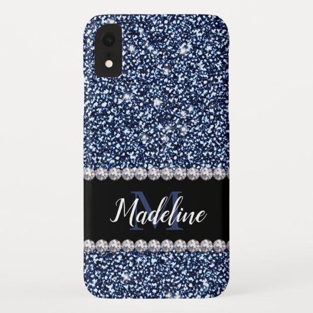 Navy Blue Glitter & Gems with Name and Monogram Case-Mate iPhone Case (Back)