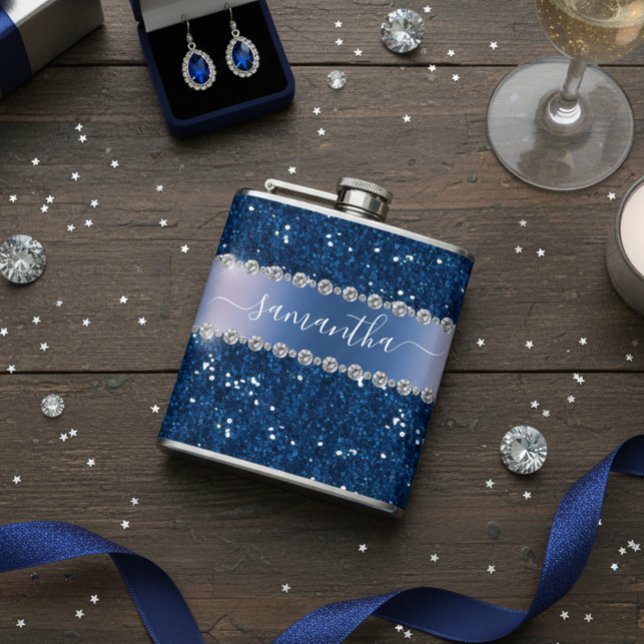 Navy Blue Glitter Look Bling Personalised Metal Hip Flask (Creator Uploaded)