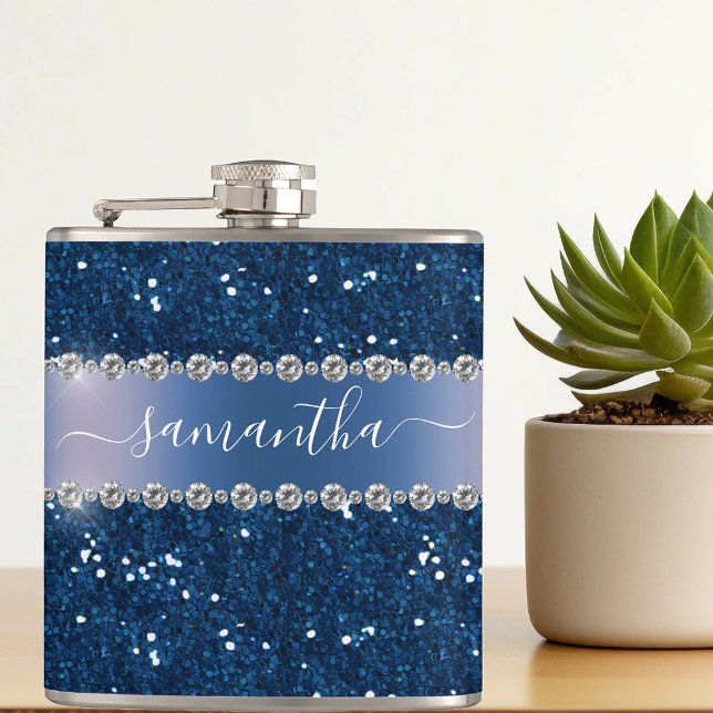 Navy Blue Glitter Look Bling Personalised Metal Hip Flask (Creator Uploaded)