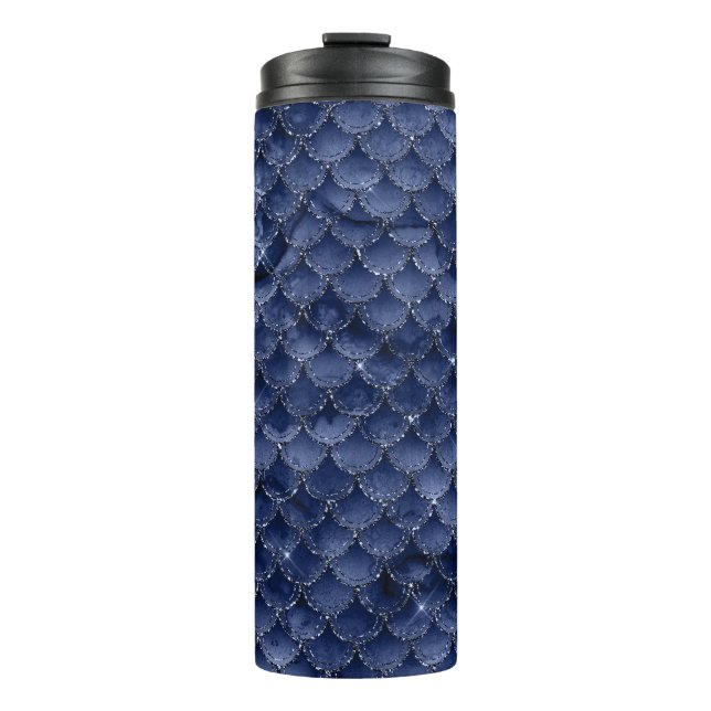 Navy Blue Glitter Mermaid Scale Pattern Thermal Tumbler (Front)