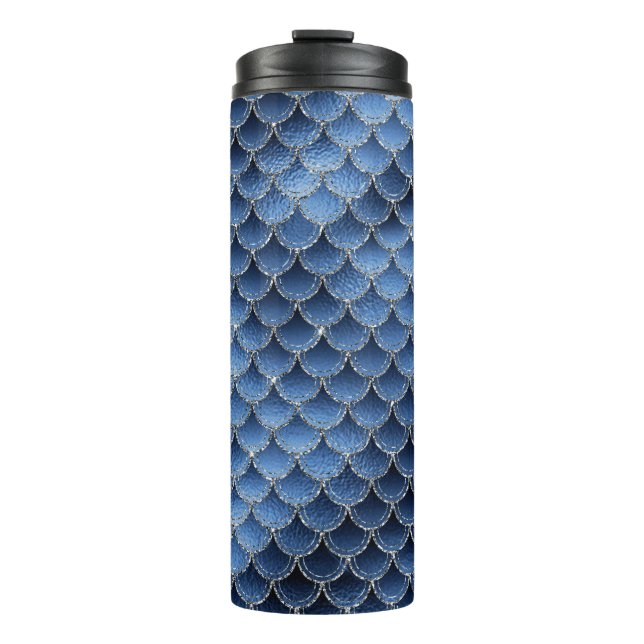 Navy Blue Glitter Mermaid Scale Pattern Thermal Tumbler (Front)