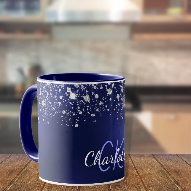 Navy blue glitter monogram name script mug (Creator Uploaded)