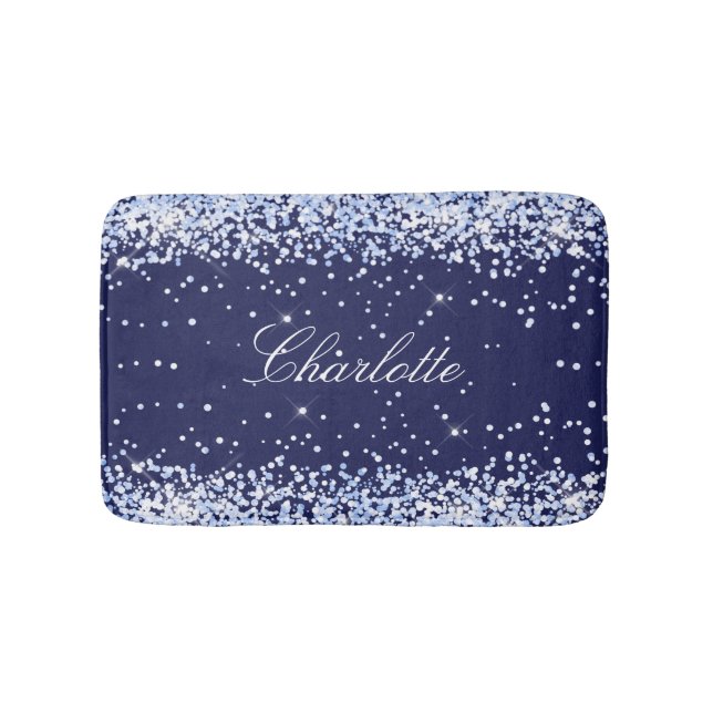 Navy blue glitter name monogram elegant bath mat (Front)