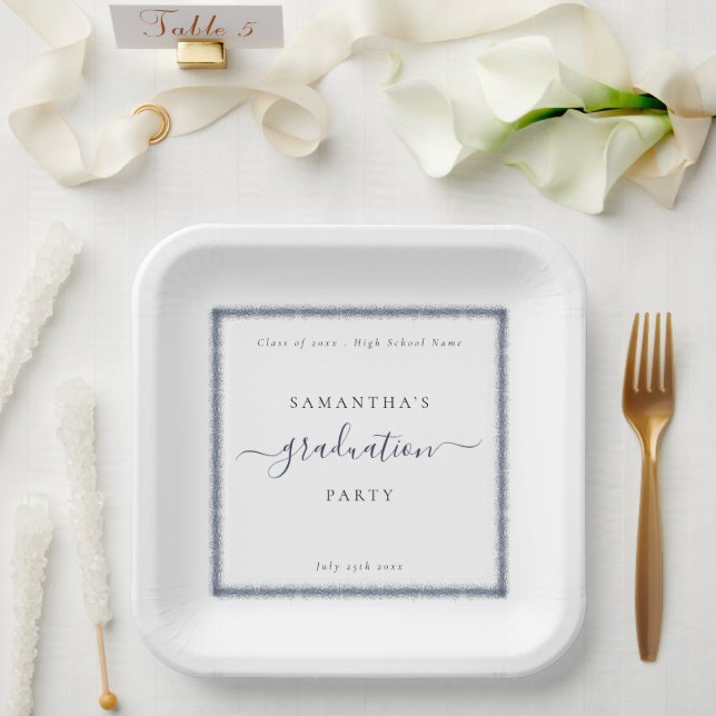 Navy Blue Glitter Name Year Graduation Party Paper Plate (Wedding)