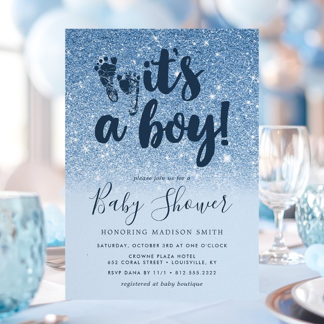 Navy Blue Glitter Ombre It's A Boy Baby Shower Invitation (Creator Uploaded)