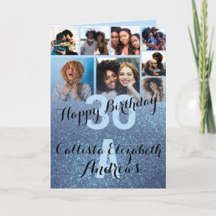 Navy Blue Glitter Photo Collage Happy Birthday Card