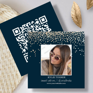 Navy Blue Glitter Photo Social Media QR Code Square Business Card