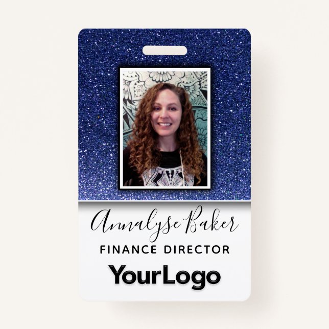 Navy Blue Glitter Professional RN Nurse Photo Name ID Badge (Front)