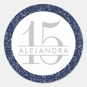 Navy Blue Glitter Quince Años Favour Sticker Labe