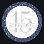 Navy Blue Glitter Quince Años Favour Sticker Label<br><div class="desc">Sparkly navy blue Glitter with silver grey (text colour is customisable) birthday age and name text. Great accent for an elegant and modern 15th birthday party, Quinceanera, quince anos, , or customise for any birthday or party. The artwork is a printed image of glitter - no real glitter is used....</div>