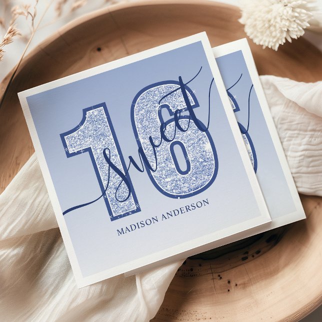 Navy Blue Glitter Script Sweet 16 Birthday Napkin (Creator Uploaded)
