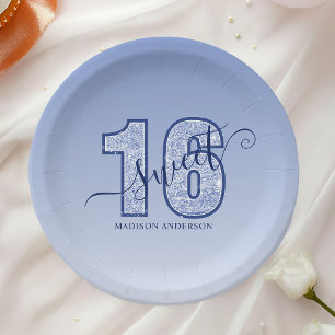 Navy Blue Glitter Script Sweet 16 Paper Plate