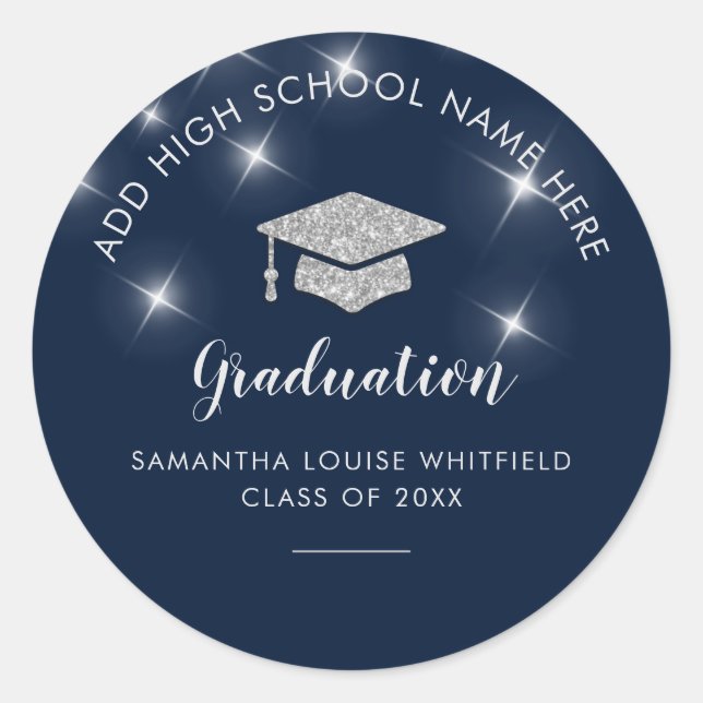 Navy Blue Glitter Silver Graduation School Grad Classic Round Sticker (Front)