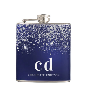 Navy blue glitter silver monogram initials hip flask