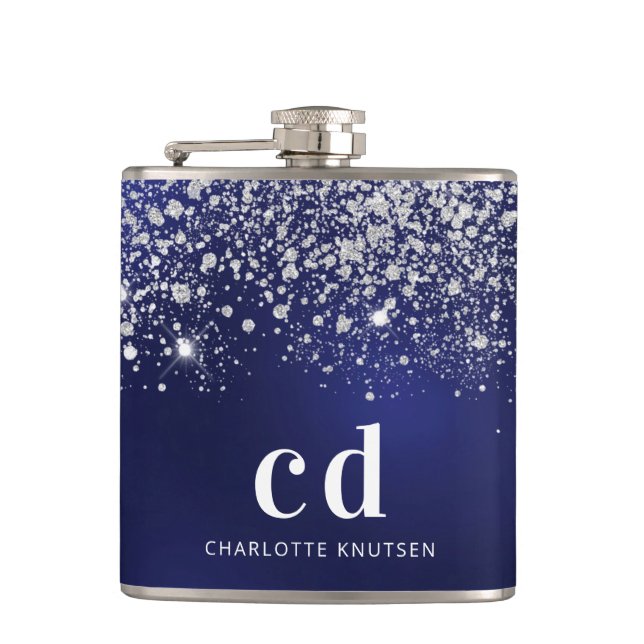 Navy blue glitter silver monogram initials hip flask (Front)