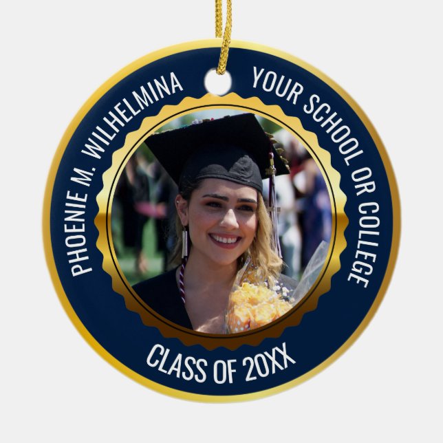Navy Blue Gold 2 Photo Graduation Class of 2024 Ceramic Ornament (Front)
